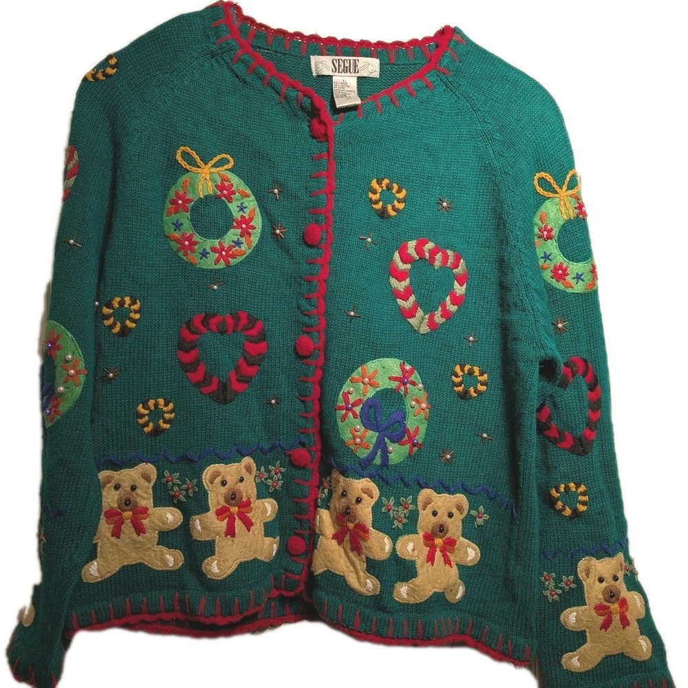 Vtg. Segue Cardigan Sweater Women XL Teddy Bear Wreath Ugly Xmas Knit Button Up